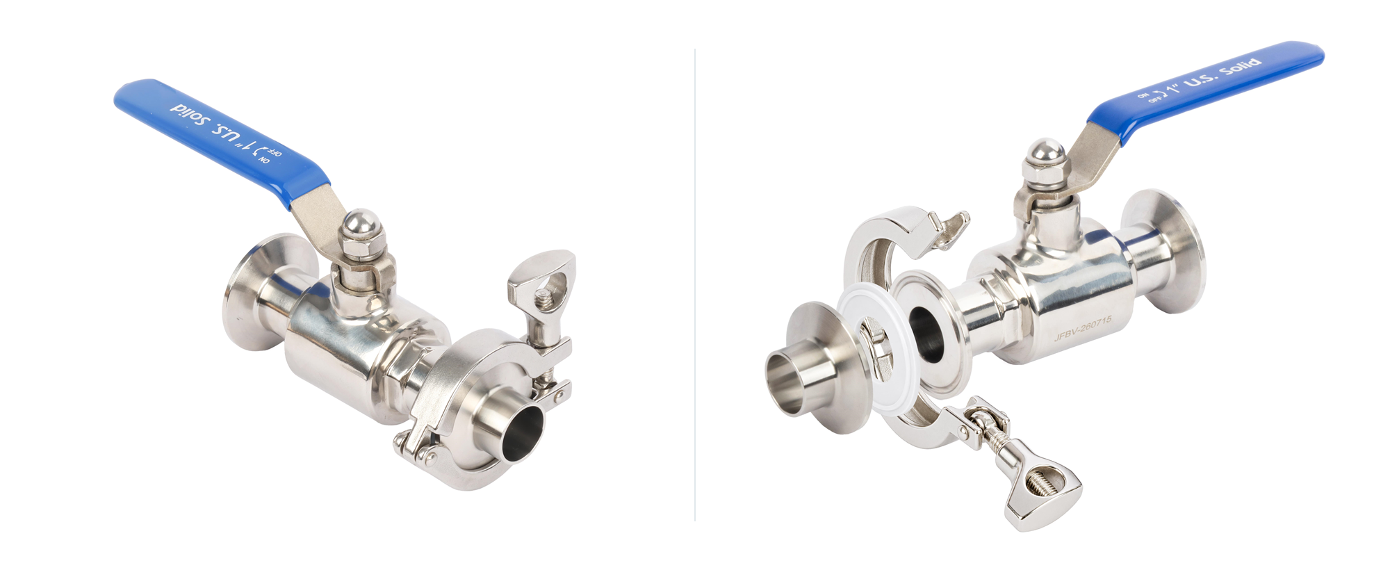 U.S. Solid Tri Clamp ball valve product and exploded connection view