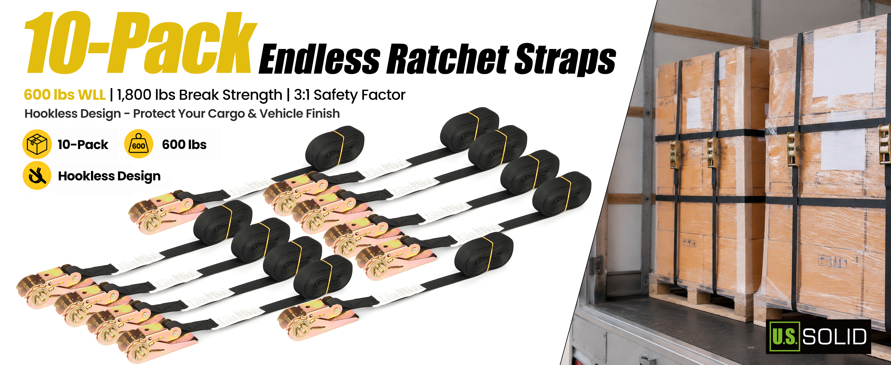 U.S. Solid Hookless Endless Ratchet Straps
