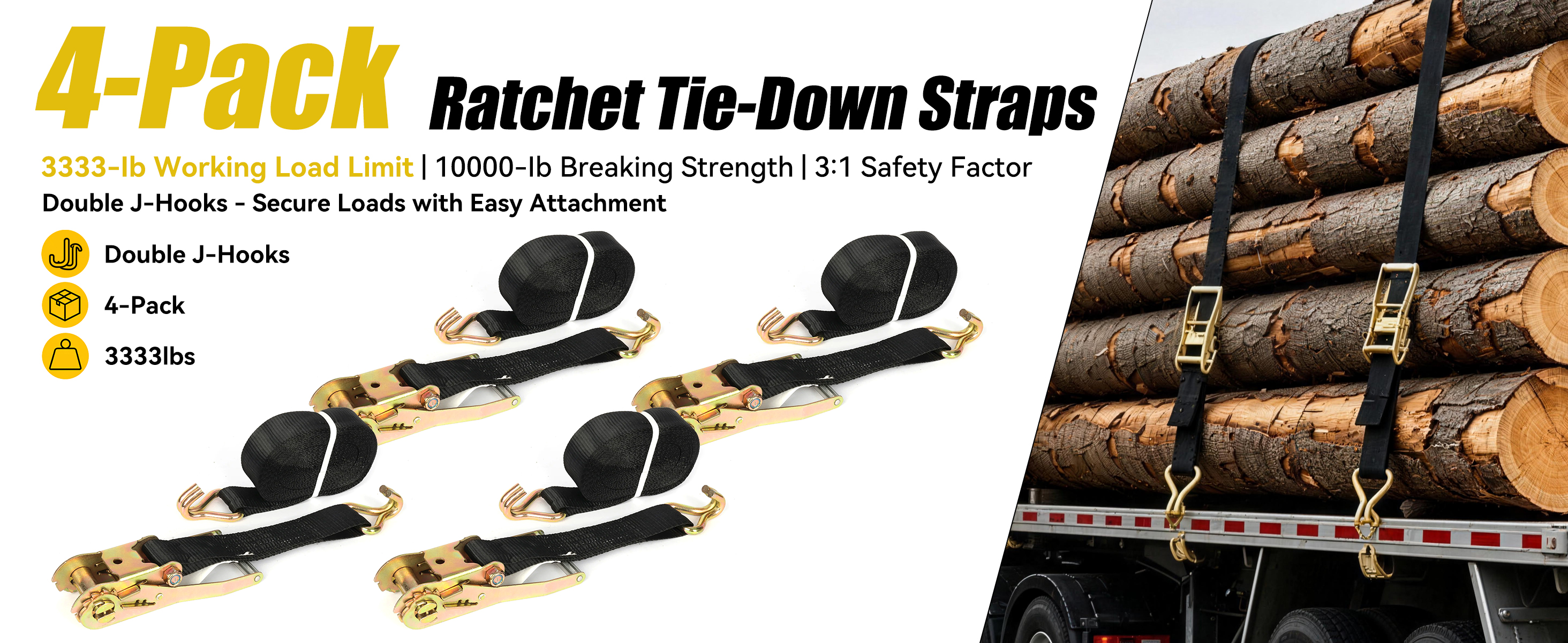 U.S. Solid Heavy-Duty Ratchet Tie-Down Straps with Double J-Hooks