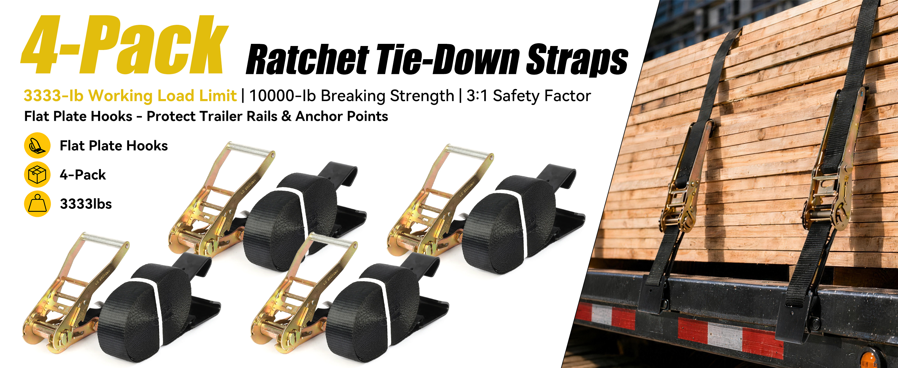 U.S. Solid Heavy-Duty Ratchet Straps with Double Flat Plate Hooks