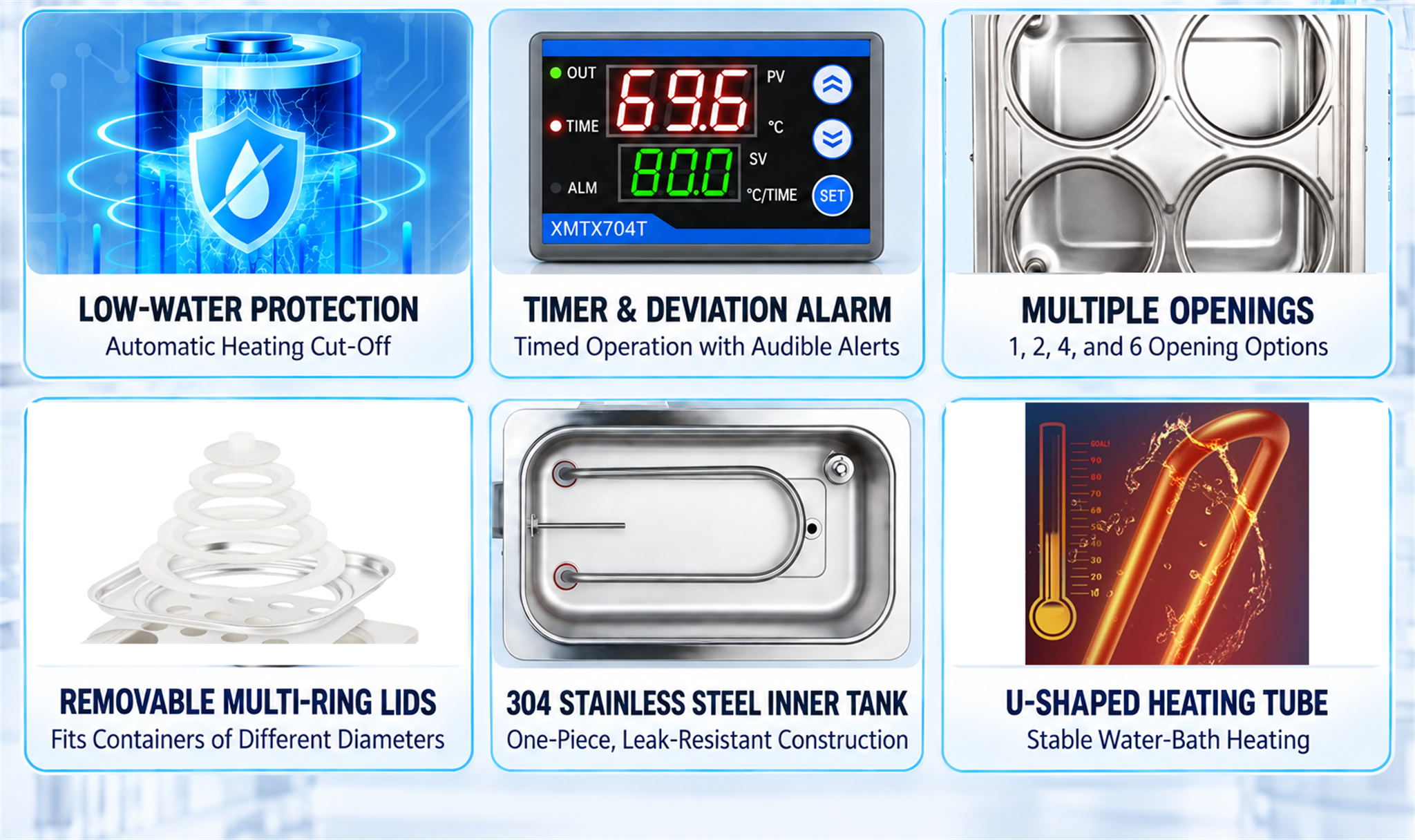 Features of the six-opening thermostatic water bath