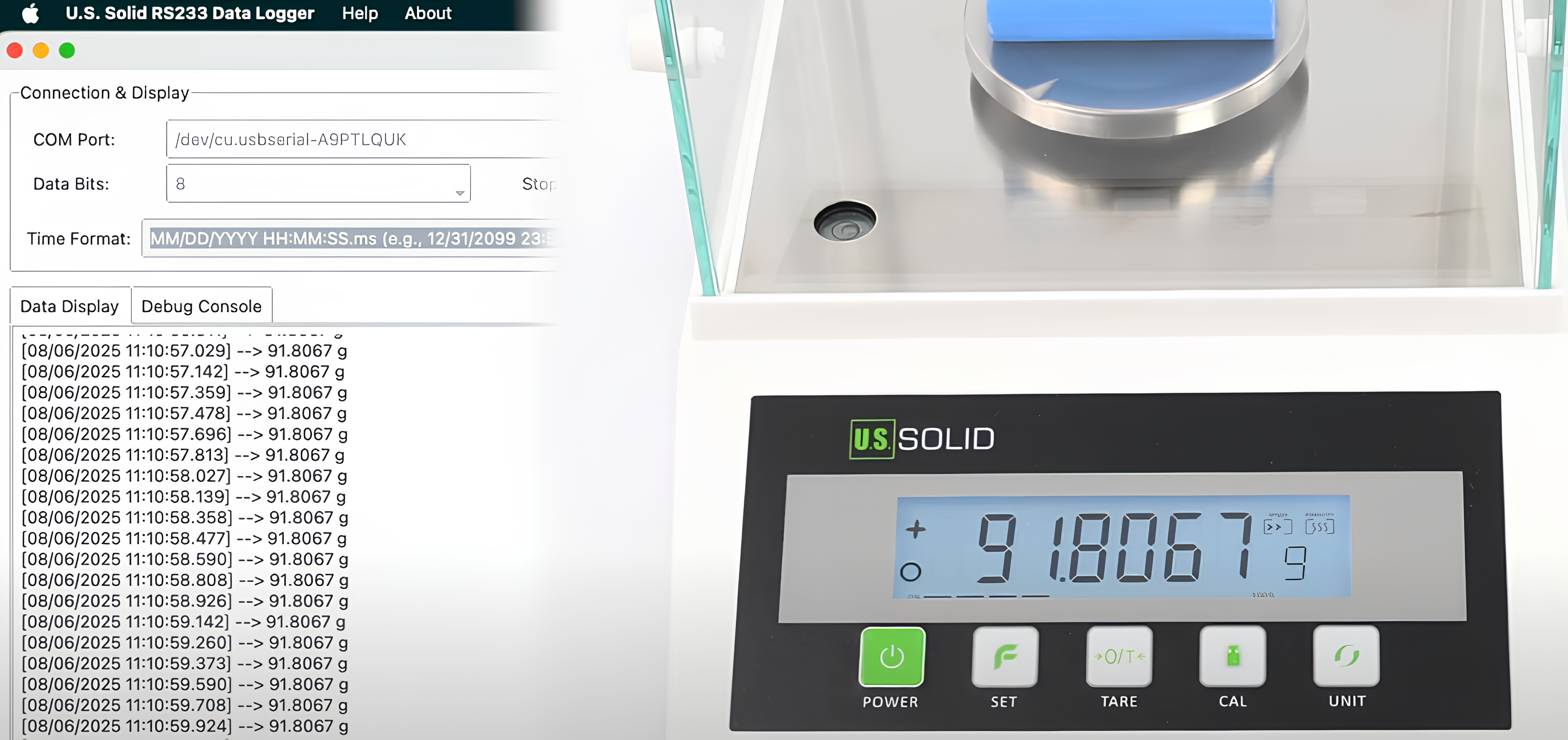 U.S. Solid Precision Balance connected to a computer