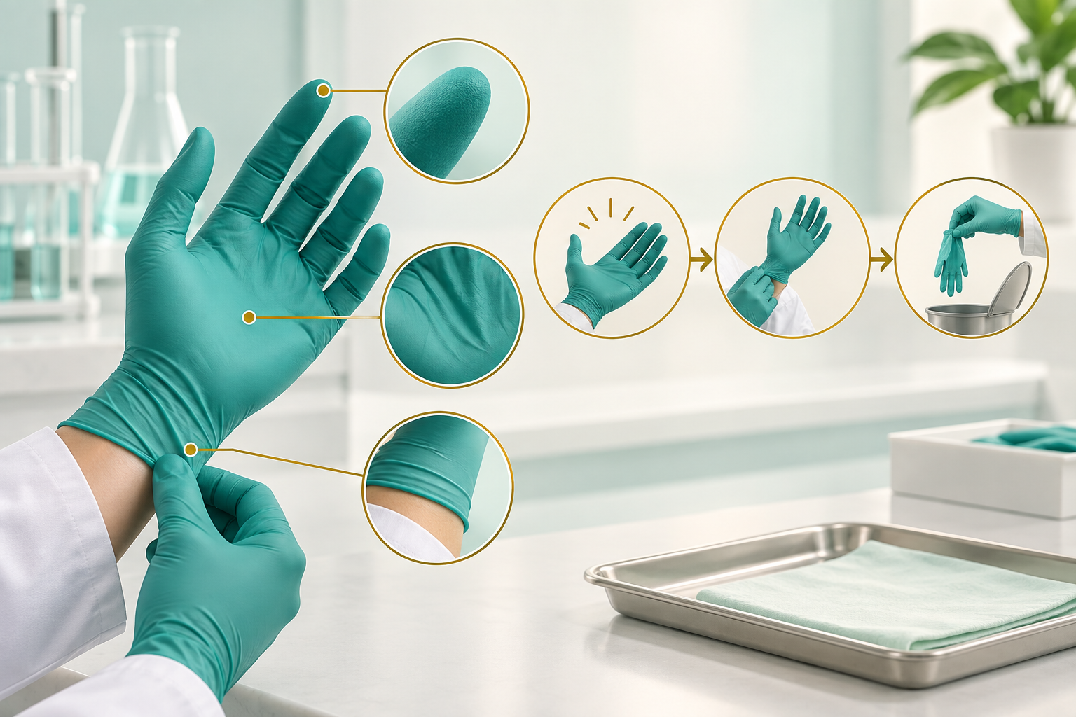 Close-up of a teal nitrile glove being checked for fit and safely removed in a laboratory