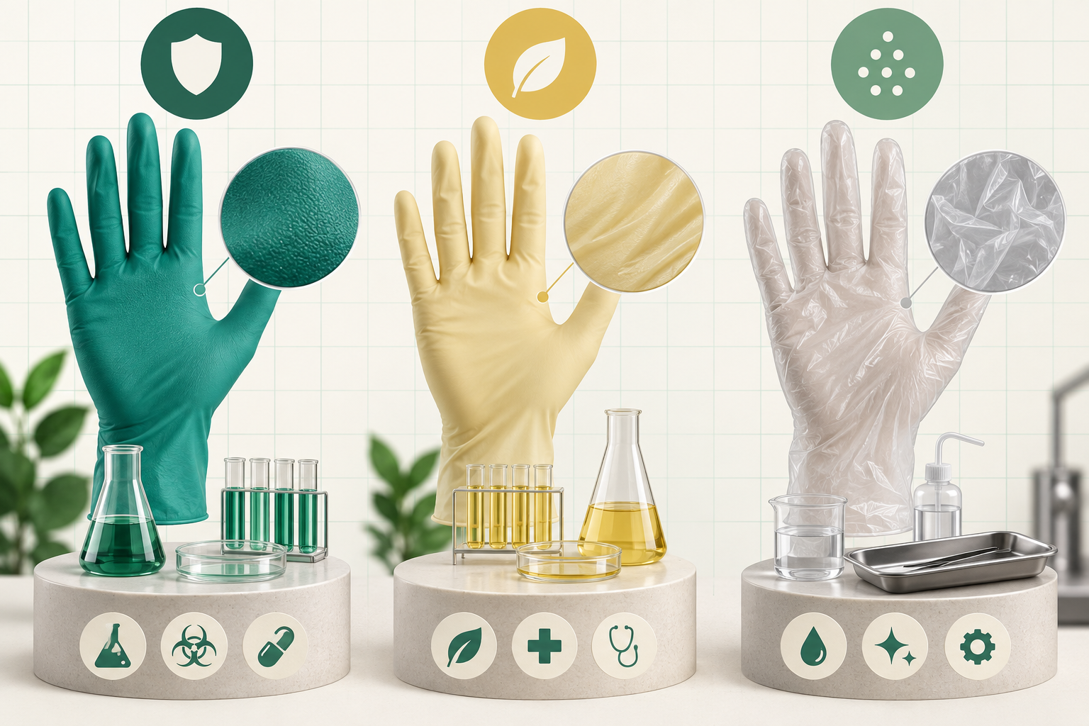 Three laboratory glove material styles presented with laboratory glassware for visual comparison