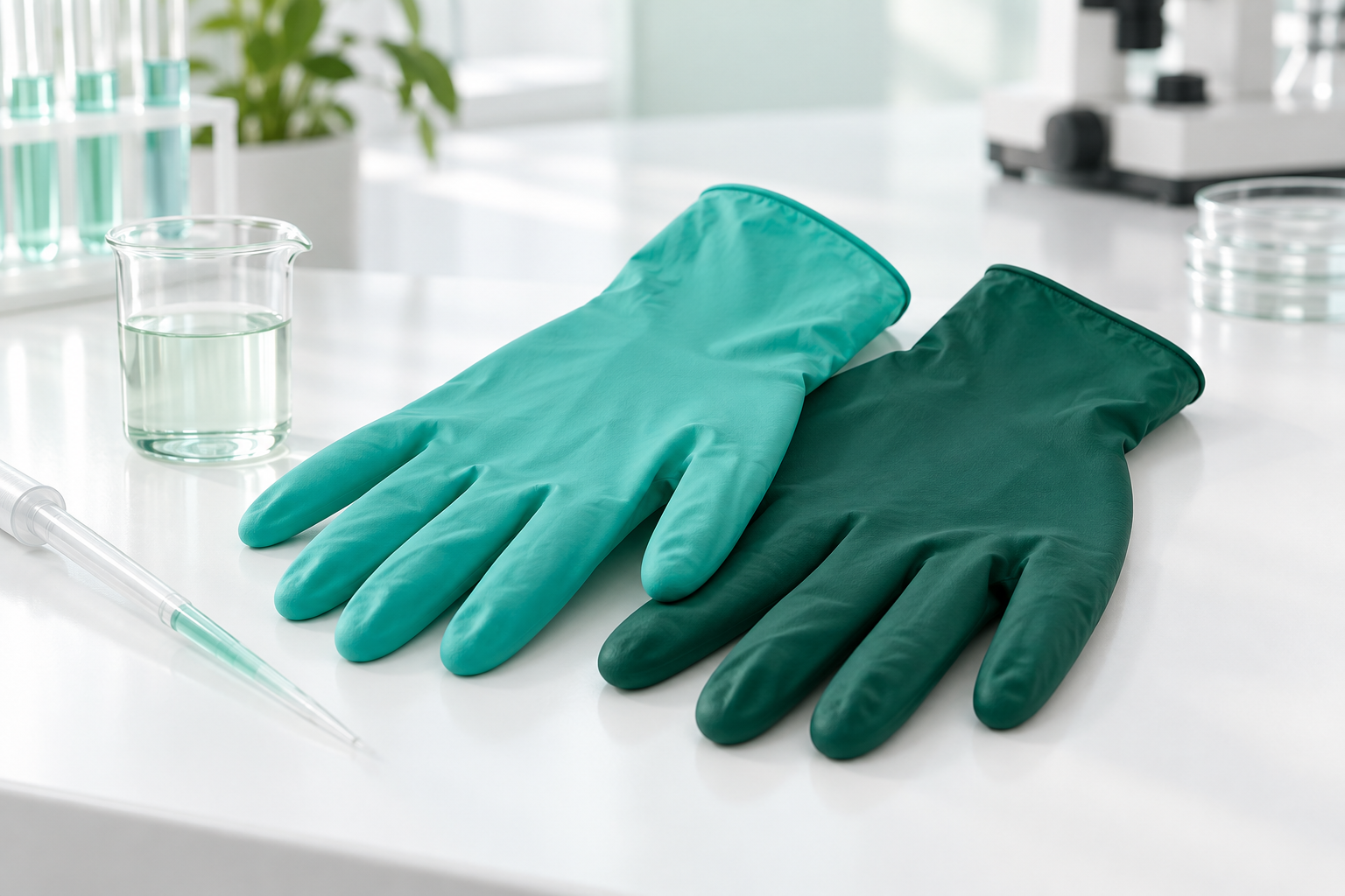 Teal nitrile laboratory gloves arranged on a clean laboratory bench beside glassware and a pipette