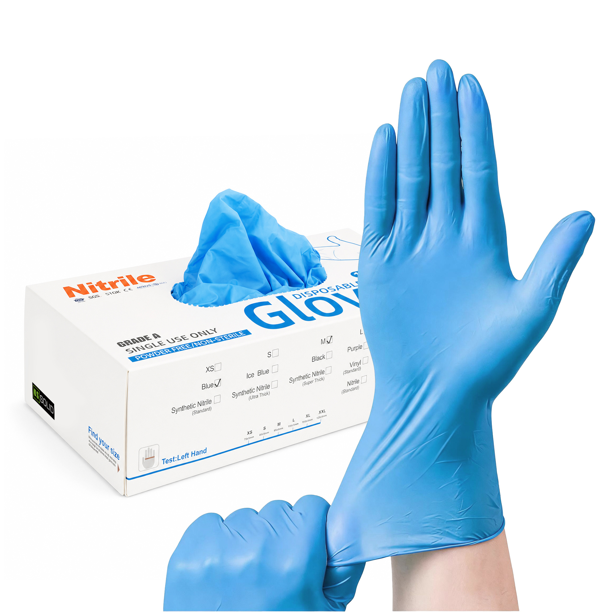 Our blue pure nitrile glove and powder-free disposable nitrile glove packaging