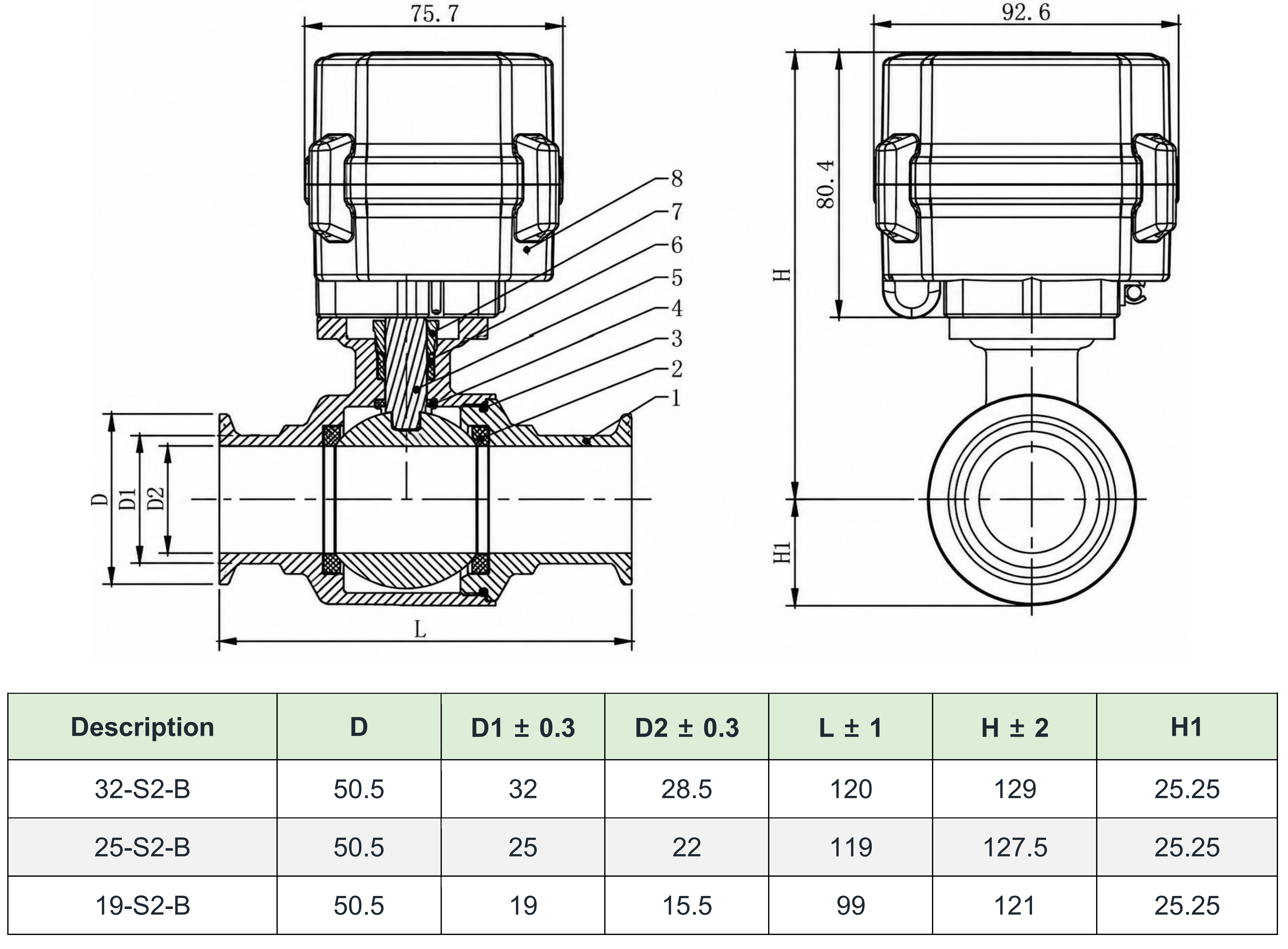 Sanitary tri-clamp motorized ball valve dimensional drawing for 3/4, 1, and 1-1/4 inch tube sizes
