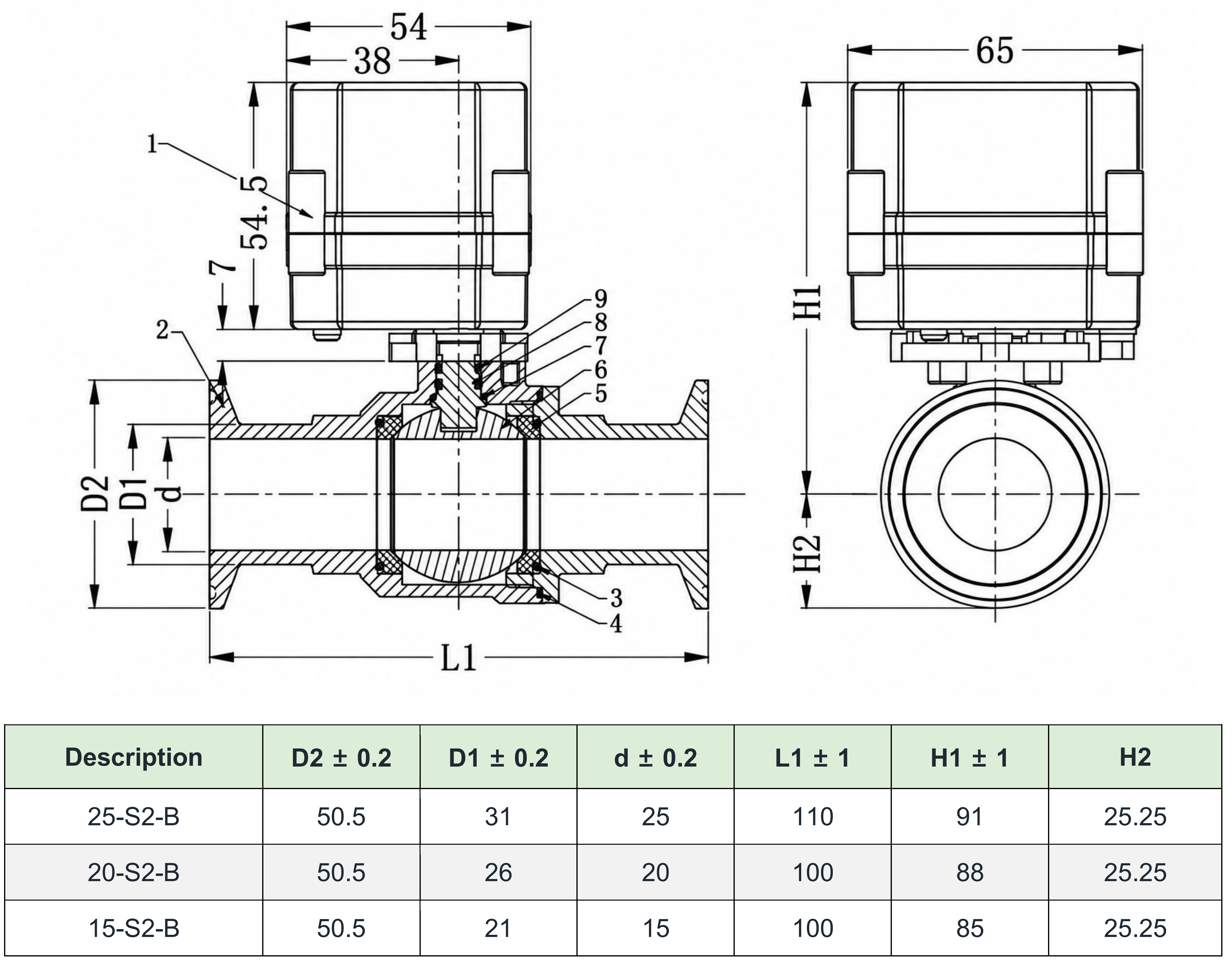 Tri-clamp motorized ball valve dimensional drawing for DN15, DN20, and DN25 sizes